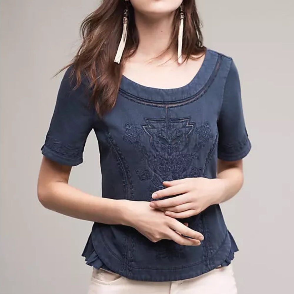 Saturday Sunday Peplum Top Womens Small Blue Embroider Ruffle Back Anthropologie